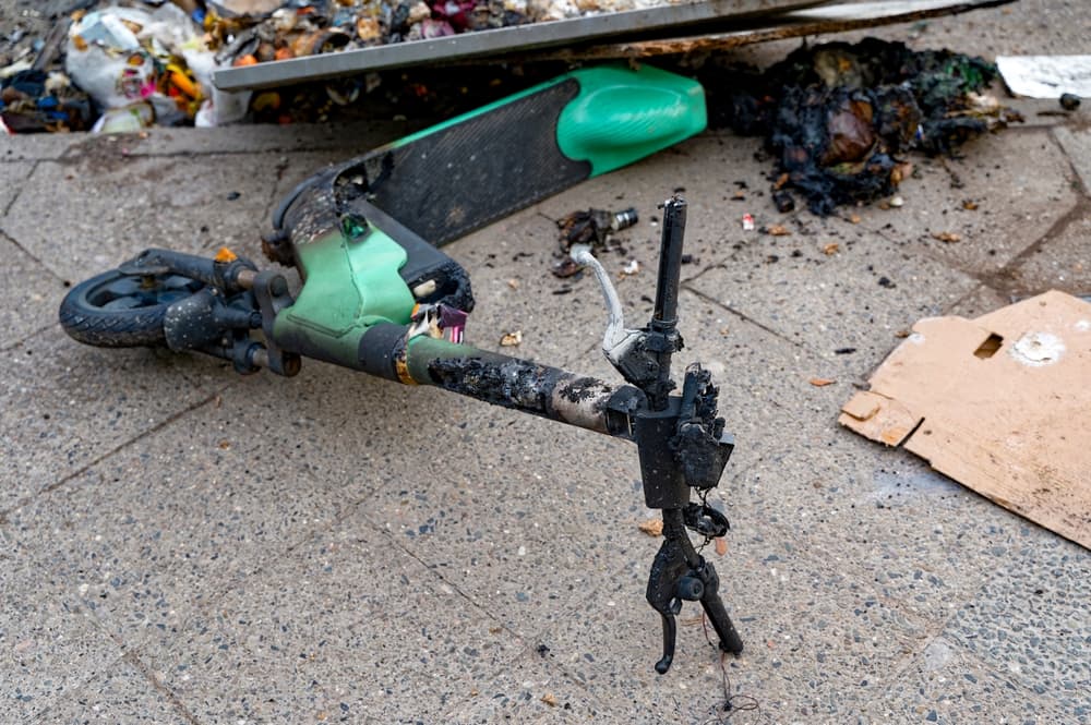 A damaged and burnt e-scooter lying on the sidewalk next to scattered debris.